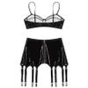 QinCiao Women's Wetloook Leather Clubwear Outfits Garter Bodycon Bra Crop Tops with Belt Skirts Black Small view 4
