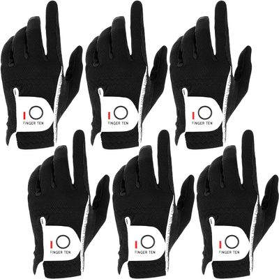 FINGER TEN Golf Gloves Men Right Left Handed Golfer Mens Glove RainGrip Hot Wet Weather Value 6 Pack, All Weather in Black X-Large (Black, Large, Left)