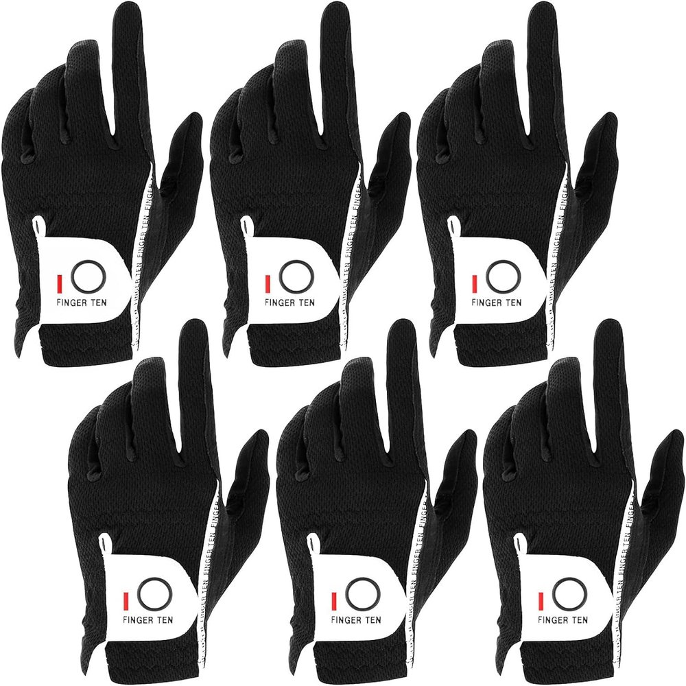FINGER TEN Golf Gloves Men Right Left Handed Golfer Mens Glove RainGrip Hot Wet Weather Value 6 Pack, All Weather in Black X-Large (Black, Large, Left)