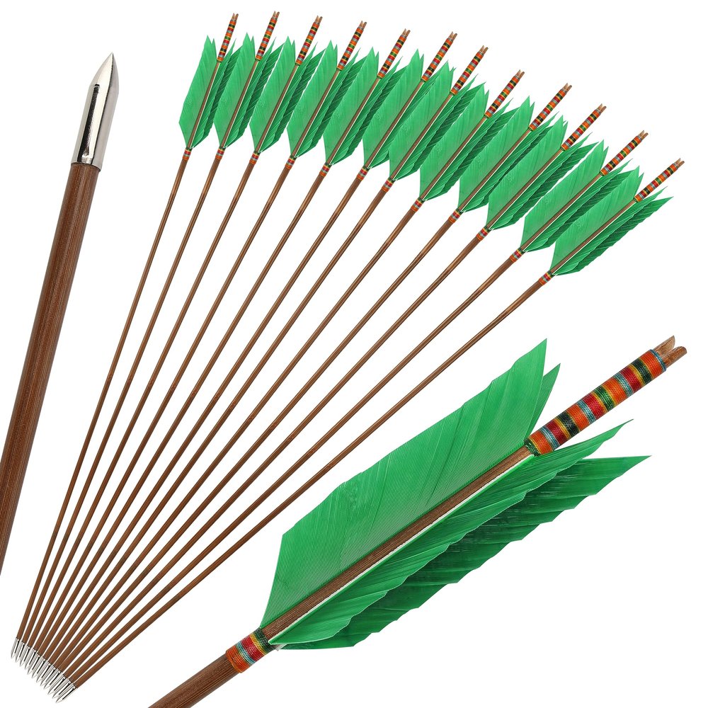 ZSHJGJR Archery Hunting Arrows Target Flu-Flu Arrows Traditional Bamboo Arrows 4 Turkey Feathers Fletching for Recurve Bow Longbow Practice Targeting Hunting 6/12 Pack (12, Green)