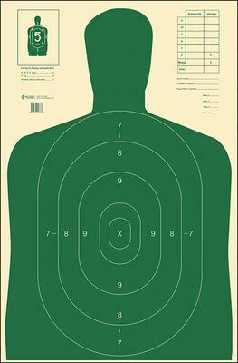100 Pk, B-27E Economy Target Full Size B-27 Silhouette Cut Off Below 7 Ring Green Size: 23" X 35"
