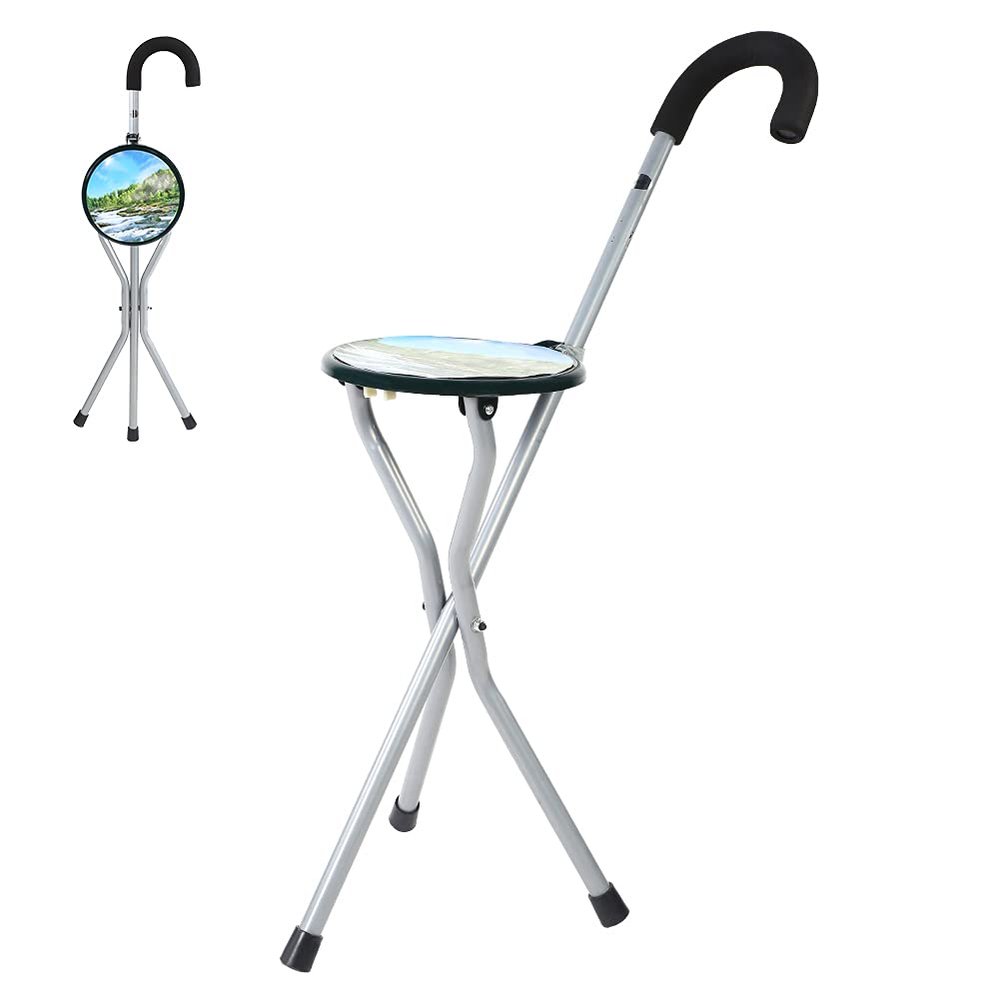 Folding Walking Stick Seat, Hold 198lbs Folding Cane with Seat, Portable and Multi-Functional Iron Crutch Walking Cane with Seat, Anti-Slip Travel Tripod Chair for Seniors and Travelers