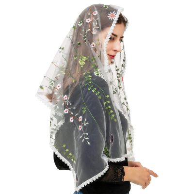 DGFJY Floral Sheer Shawl Embroidered Floral Shawl Headscarf Tudung Hijab Headcovering Scarf Church Shawl Wraps For Women Church Sha, White