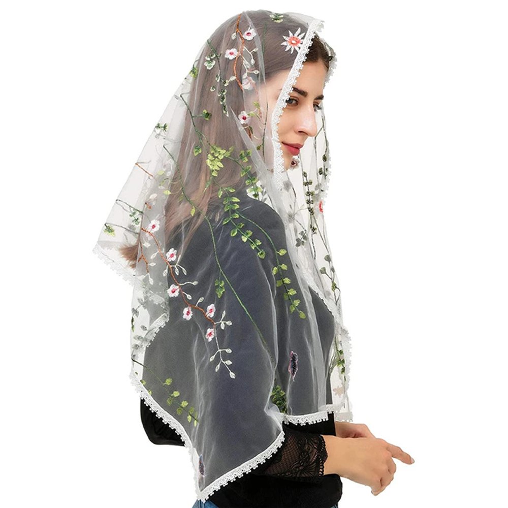 DGFJY Floral Sheer Shawl Embroidered Floral Shawl Headscarf Tudung Hijab Headcovering Scarf Church Shawl Wraps For Women Church Sha, White