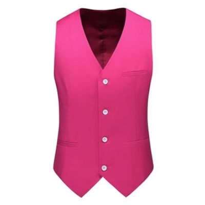 JEsilunmaMY Men's Solid Color Slim Suit Vest Single-Breasted Sleeveless Tuxedo Jacket Business Formal Dress Waistcoat Vest (Rose Red,Large)