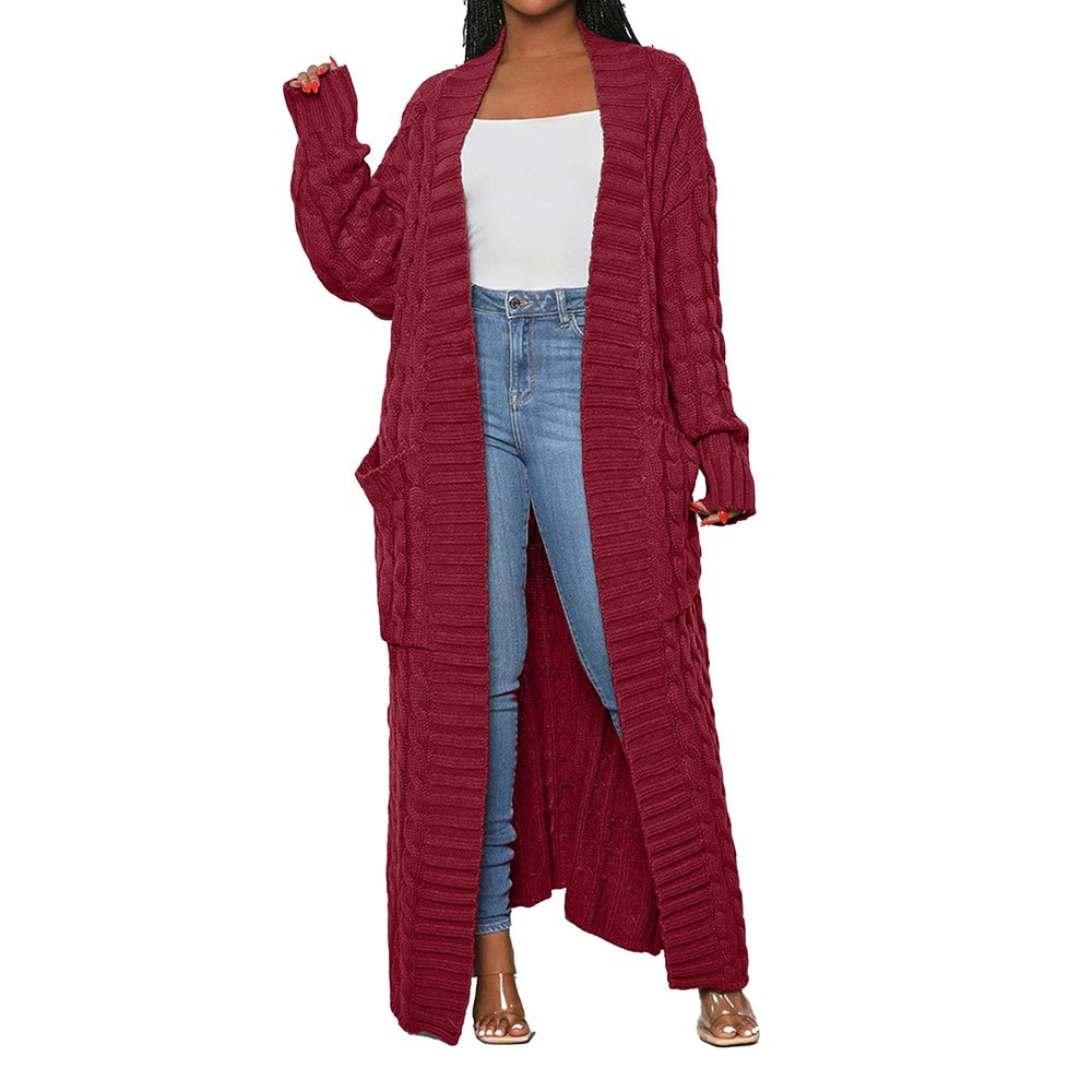 Maiyifu-GJ Womens Long Cardigan Sweater Long Sleeve Open Front Cable Knit Outwear Fall Fashion Knitted Jacket Coats (Red,XX-Large)