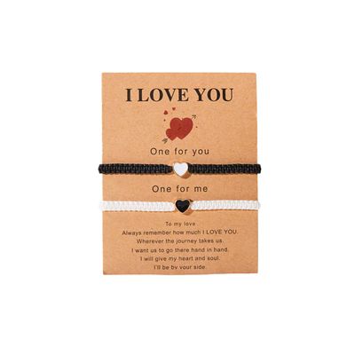 COLORFUL BLING 2Pcs Love Heart Bracelet Adjustable Thread String Protection Long Distance Matching Bracelet for His and Her Couples Friendships Relationship Jewelry-black white