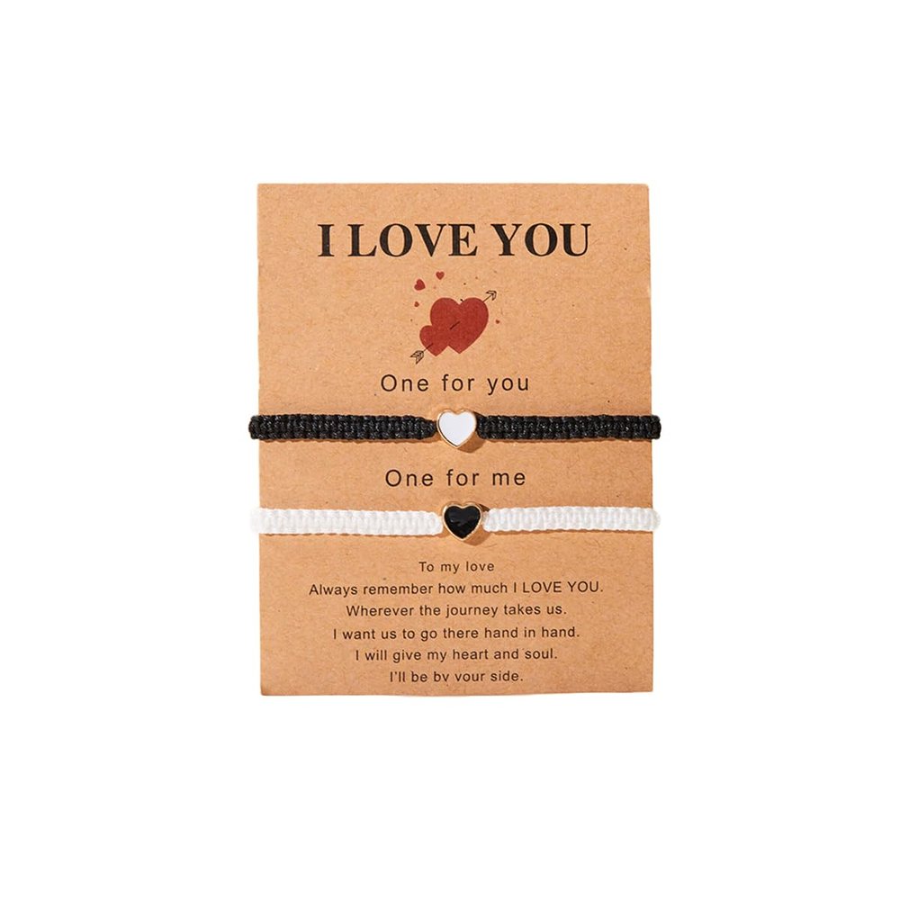 COLORFUL BLING 2Pcs Love Heart Bracelet Adjustable Thread String Protection Long Distance Matching Bracelet for His and Her Couples Friendships Relationship Jewelry-black white