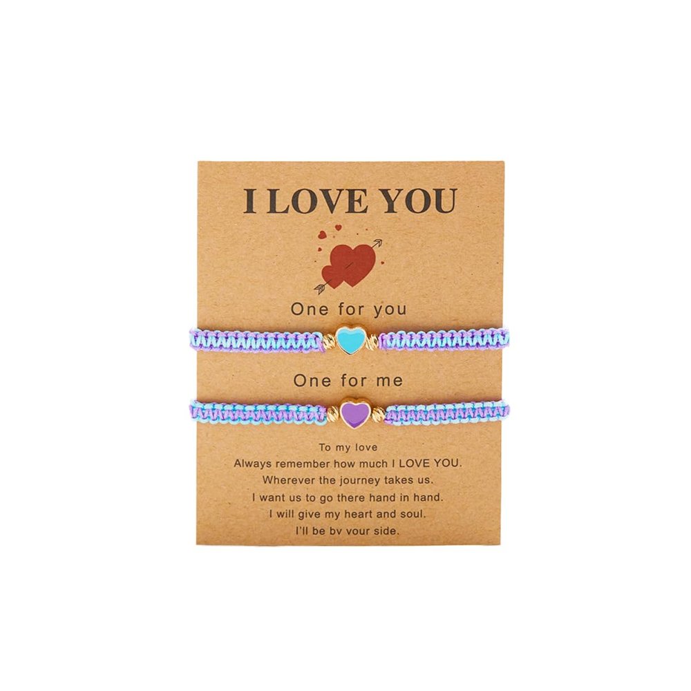 COLORFUL BLING 2Pcs Love Heart Bracelet Adjustable Thread String Protection Long Distance Matching Bracelet for His and Her Couples Friendships Relationship Jewelry-blue purple