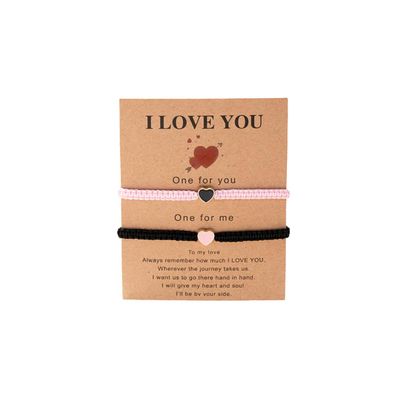 COLORFUL BLING 2Pcs Love Heart Bracelet Adjustable Thread String Protection Long Distance Matching Bracelet for His and Her Couples Friendships Relationship Jewelry-pink black