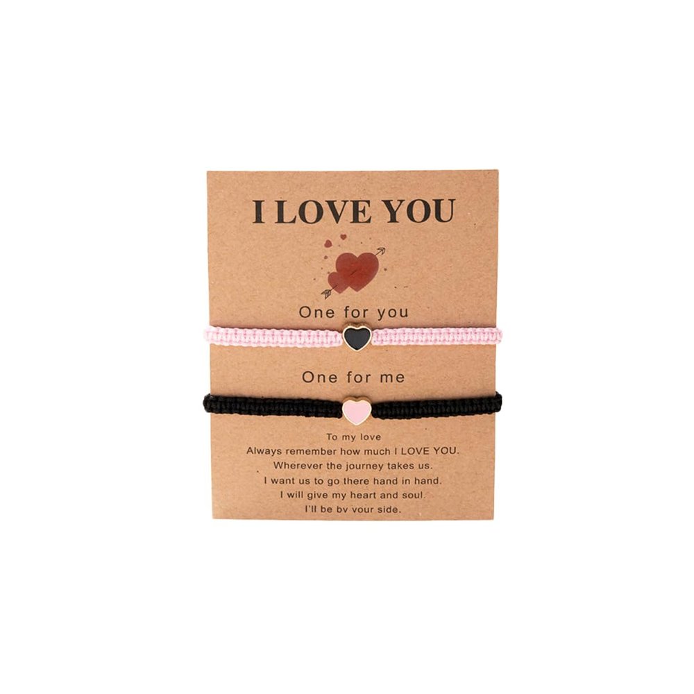 COLORFUL BLING 2Pcs Love Heart Bracelet Adjustable Thread String Protection Long Distance Matching Bracelet for His and Her Couples Friendships Relationship Jewelry-pink black