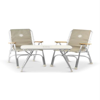 FORMA MARINE Folding Aluminum High Back Gray Boat Chairs Teak Armrests, 3 Piece Bundle Set, 2 M150+Folding Alu.and Melamine Boat Table M250-20''X35''X24''-B150G250