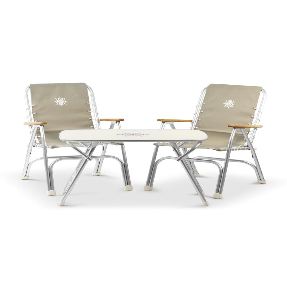 FORMA MARINE Folding Aluminum High Back Gray Boat Chairs Teak Armrests, 3 Piece Bundle Set, 2 M150+Folding Alu.and Melamine Boat Table M250-20''X35''X24''-B150G250