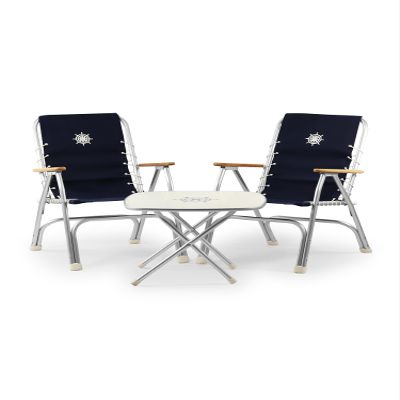 FORMA MARINE Folding Aluminum High Back Navy Blue Boat Chairs Teak Armrests, 3 Piece Bundle Set, 2 M150+Folding Alu.and Melamine Boat Table M350-24''X24''X19.3''-B150NB350