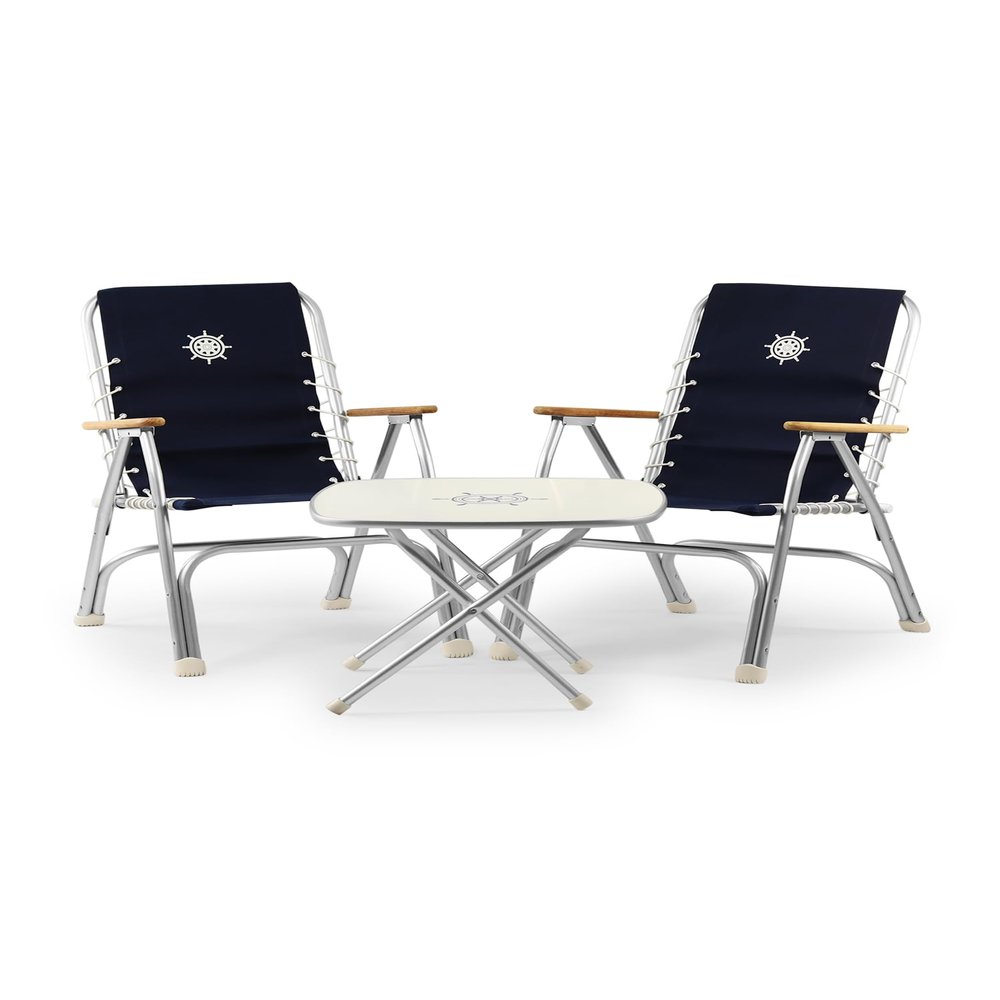 FORMA MARINE Folding Aluminum High Back Navy Blue Boat Chairs Teak Armrests, 3 Piece Bundle Set, 2 M150+Folding Alu.and Melamine Boat Table M350-24''X24''X19.3''-B150NB350