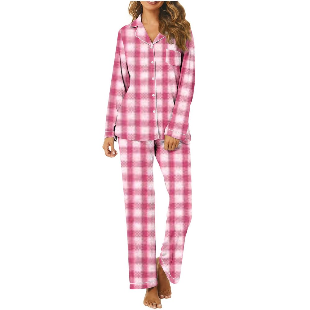 Womens 2 Piece Pajamas Sets Casual Sleepwear Long Sleeve Button Down Shirts Pants Nightwear Loungewear Pjs Lounge Sets