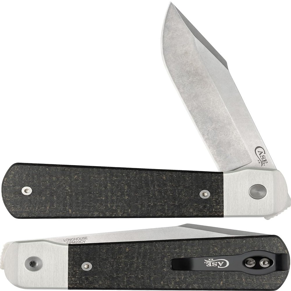 Case XX WR Pocket Knife, LONGHOUSE - SMOOTH BLACK BURLAP MICARTA ItemNumber 50910 - (LONGHOUSE CPM20CV) Length Closed: 4 Inches