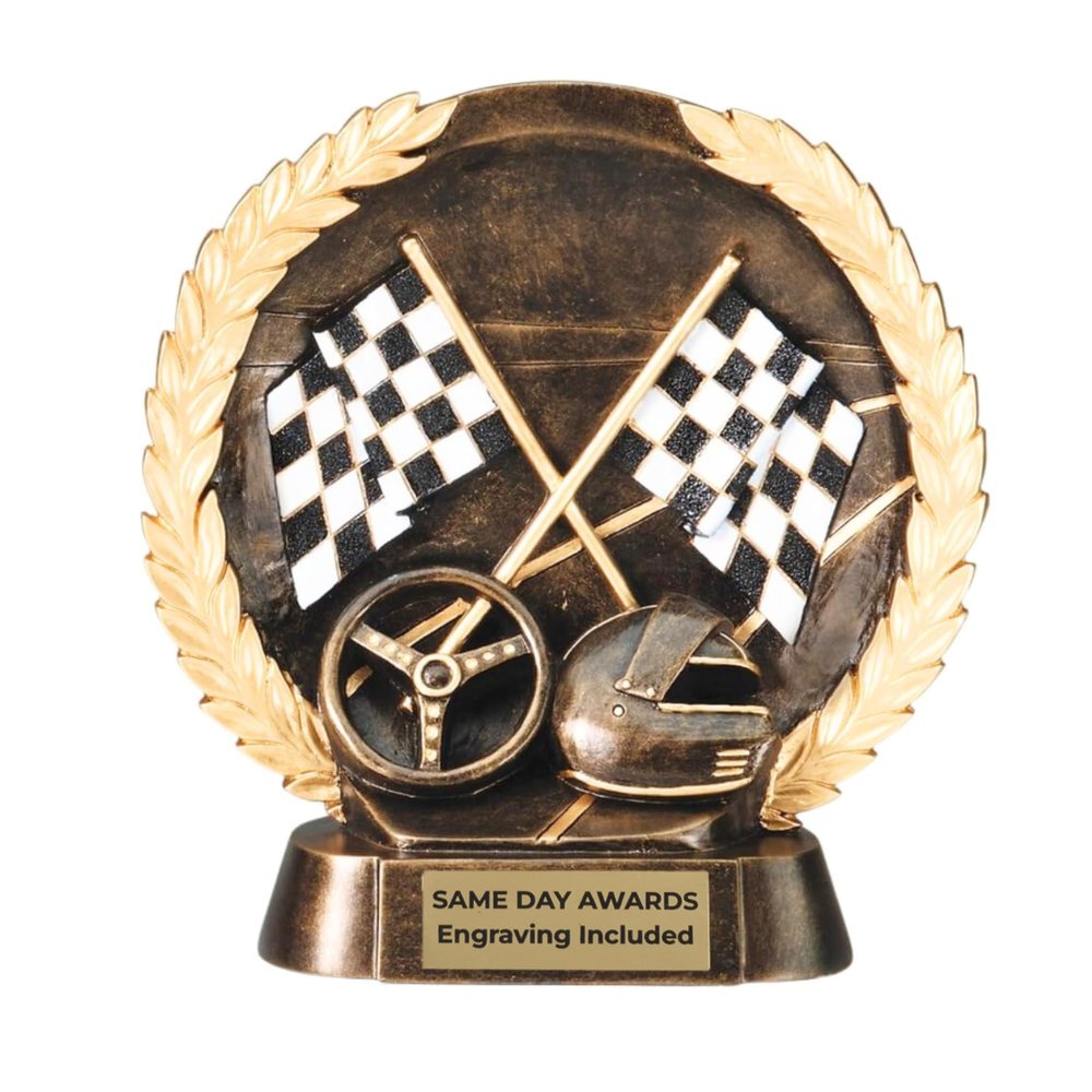 Same Day Awards High Relief Racing Trophy Laurel Wreath - Custom Engraved Award for Motorsports Auto Racing Track Day Champions Drivers Winners and Championship Recognition