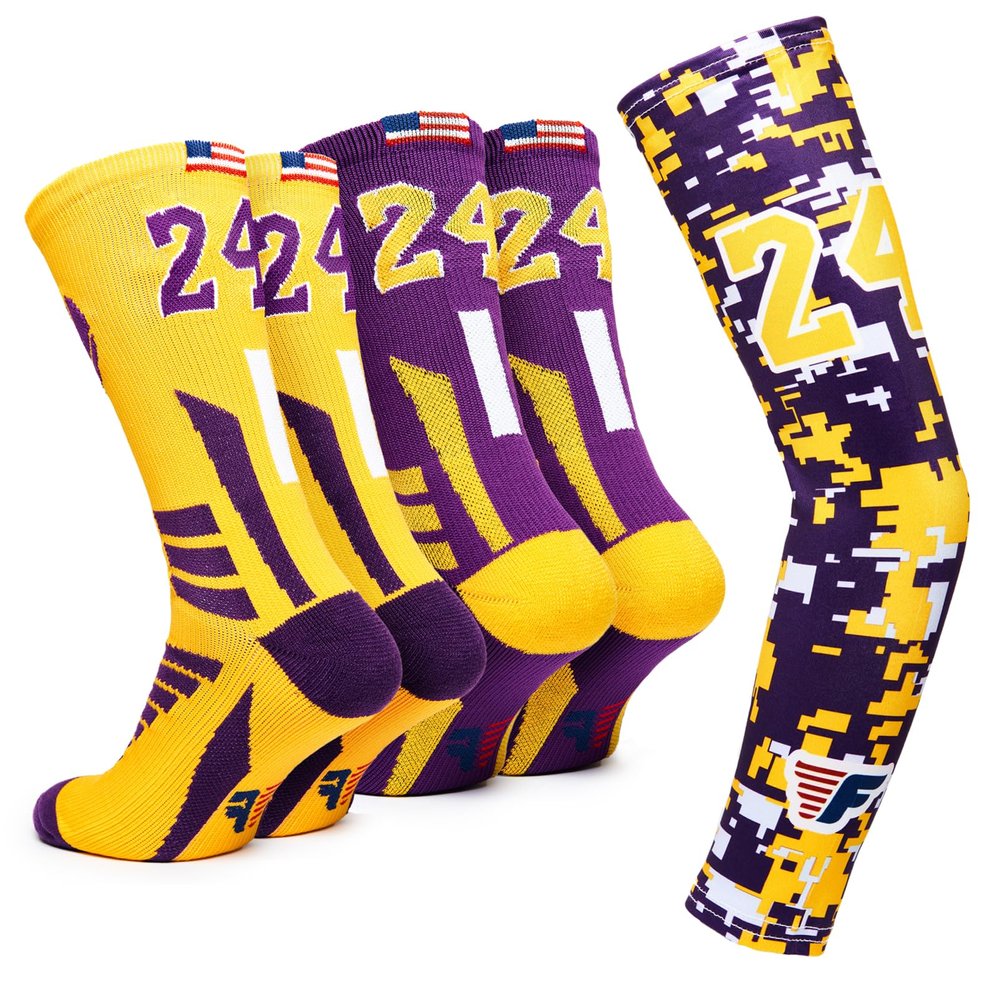 Forever Fanatics Basketball Socks For Men & Boys Crew Socks With Basketball Arm Sleeve - Made in USA (N 24 Yellow Purple, 11-18 Years)