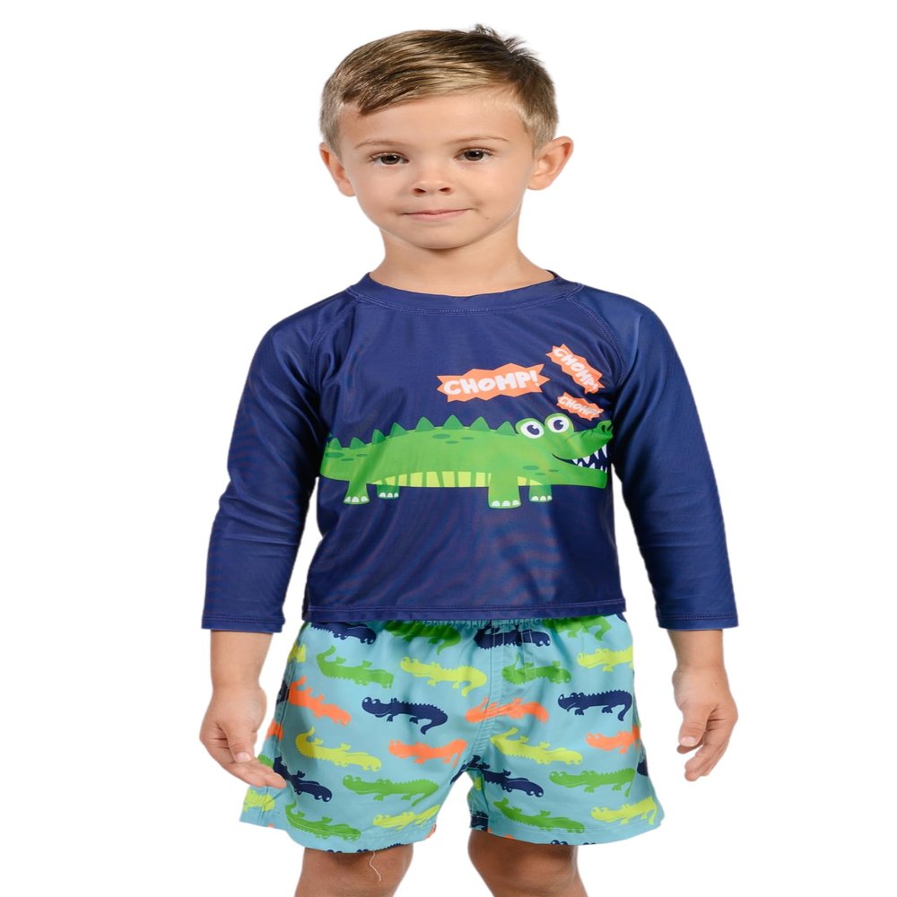 INGEAR Boys' Sun Shirt Rash Guard and Swim Shorts Combo Sun Protective Clothing Set Bathing Suit Set for Boys (US, Numeric, 2, Chomp Gator)