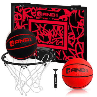 AND1 Over The Door Mini Basketball Hoop: 18x12 Shatterproof Backboard, 2 Mini Basketballs, and Hand Pump Included- Ultimate Indoor Basketball Accessory for Kids and Adults, No Tools Required