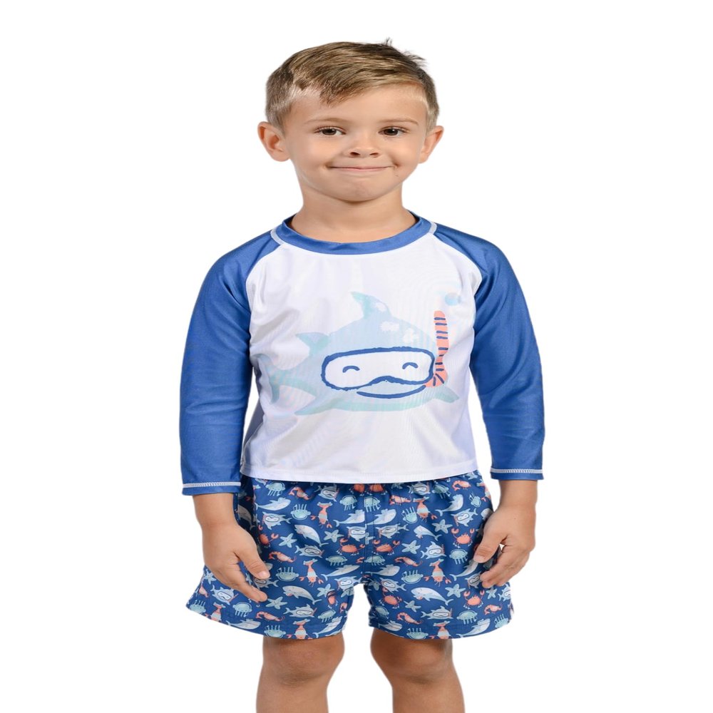 INGEAR Boys' Sun Shirt Rash Guard and Swim Shorts Combo Sun Protective Clothing Set Bathing Suit Set for Boys (US, Numeric, 4, Scuba TIME)