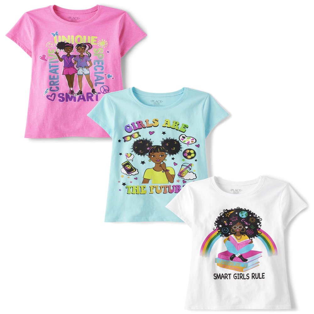 The Children's Place,Girls,Girl Power Short Sleeve Graphic T-Shirts,Multipacks,Girls Rule 3-Pack,X-Small