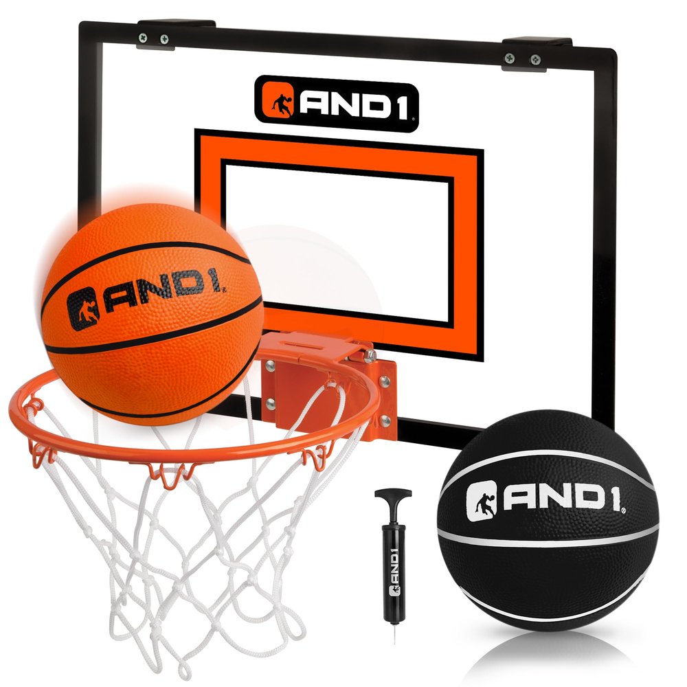 AND1 Over the Door Mini Basketball Hoop: 18x12 Shatterproof Backboard, 2 Mini Basketballs, and Hand Pump Included- Ultimate Indoor Basketball Accessory for Kids and Adults, No Tools Required