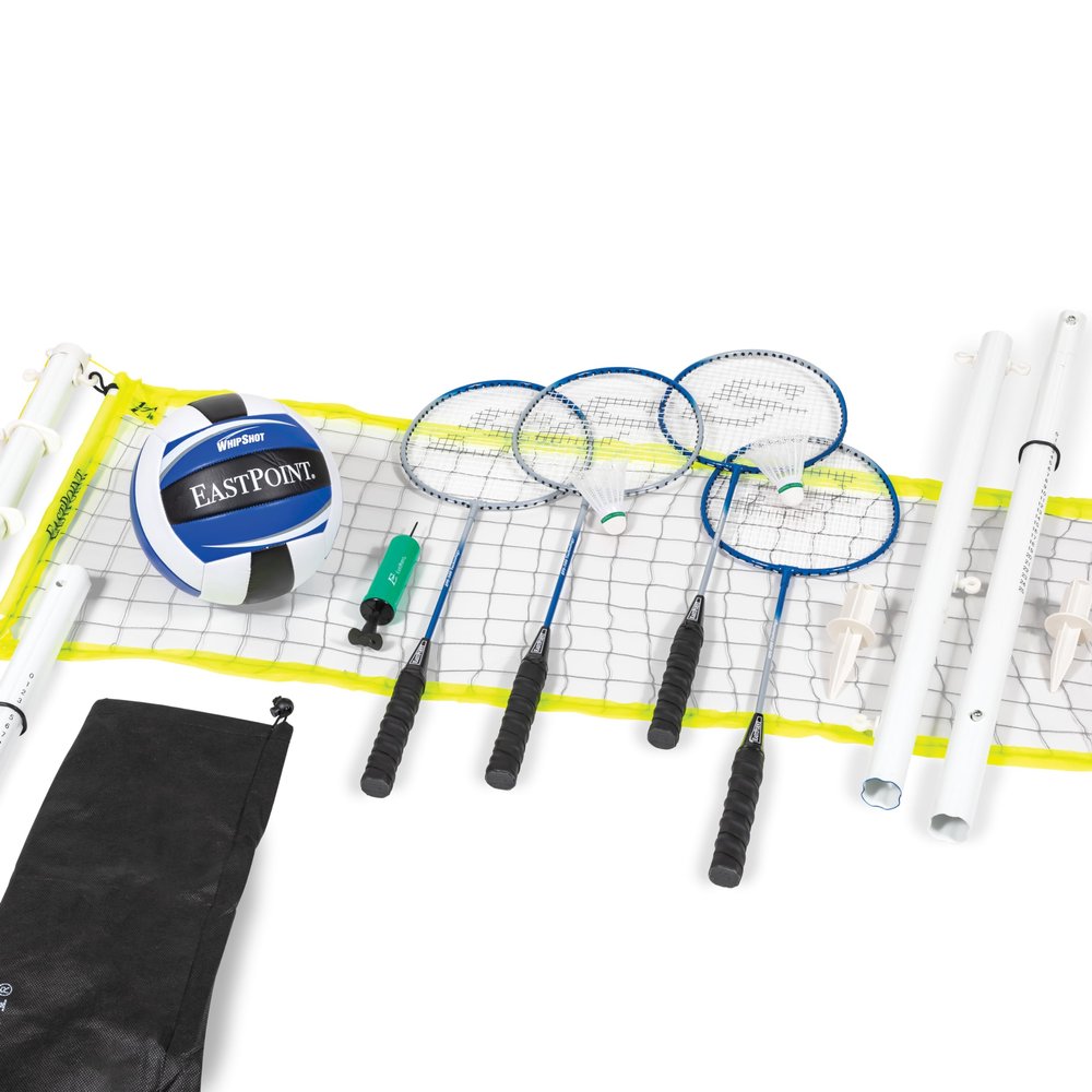 EastPoint 2-in-1 Volleyball & Badminton Set - Black Steel Poles - Adjustable Height for Backyard Games - 4 Rackets & 2 Shuttlecocks for Lawn Games - Volleyball & Pump for Outdoor Sports