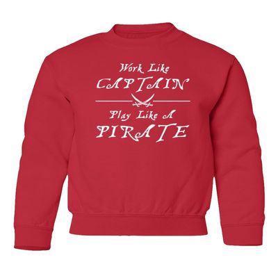 superhotapparel Work Like A Captain Play Like A Pirate Funny Logo Youth Crewneck Sweatshirt (Red, Youth Large)