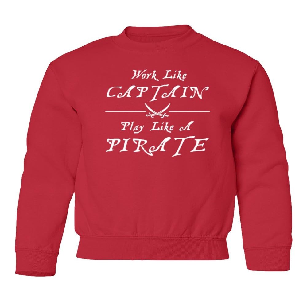 superhotapparel Work Like A Captain Play Like A Pirate Funny Logo Youth Crewneck Sweatshirt (Red, Youth Large)