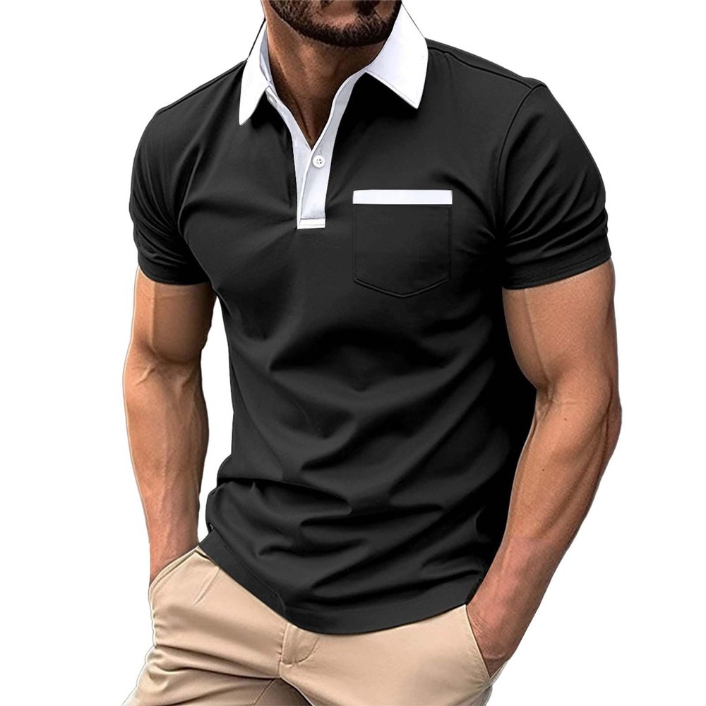 Casual Summer Polo Shirts for Men Slim Fit Muscle Sports Golf Tops Short Sleeve Lapel Collar Business Commute Tees Workout Lightweight Wicking Cotton T Shirts Black