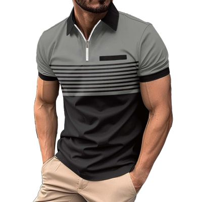 Golf Sports Polo Shirts for Men 1/9 Zipper Short Sleeve Lapel Collar Summer T Shirts Cotton Contrast Color Stripe Stretch Pullover Tops Gym Workout Office Work Plus Size Tees Grey