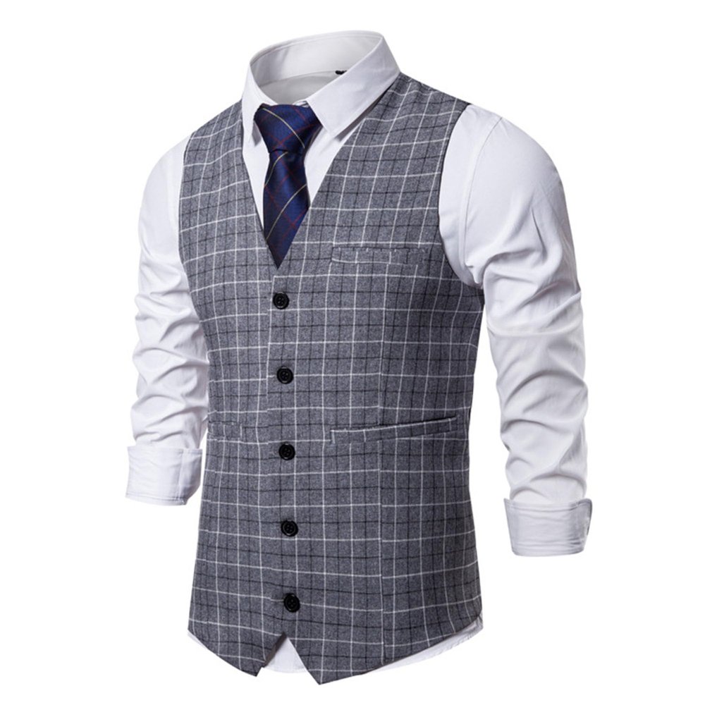 JEsilunmaMY Stylish Plaid Suit Vest for Men Single-Breasted Slim Fit Tuxedo Vest Formal Dress Waistcoat for Wedding Groomsmen (Grey,Small)