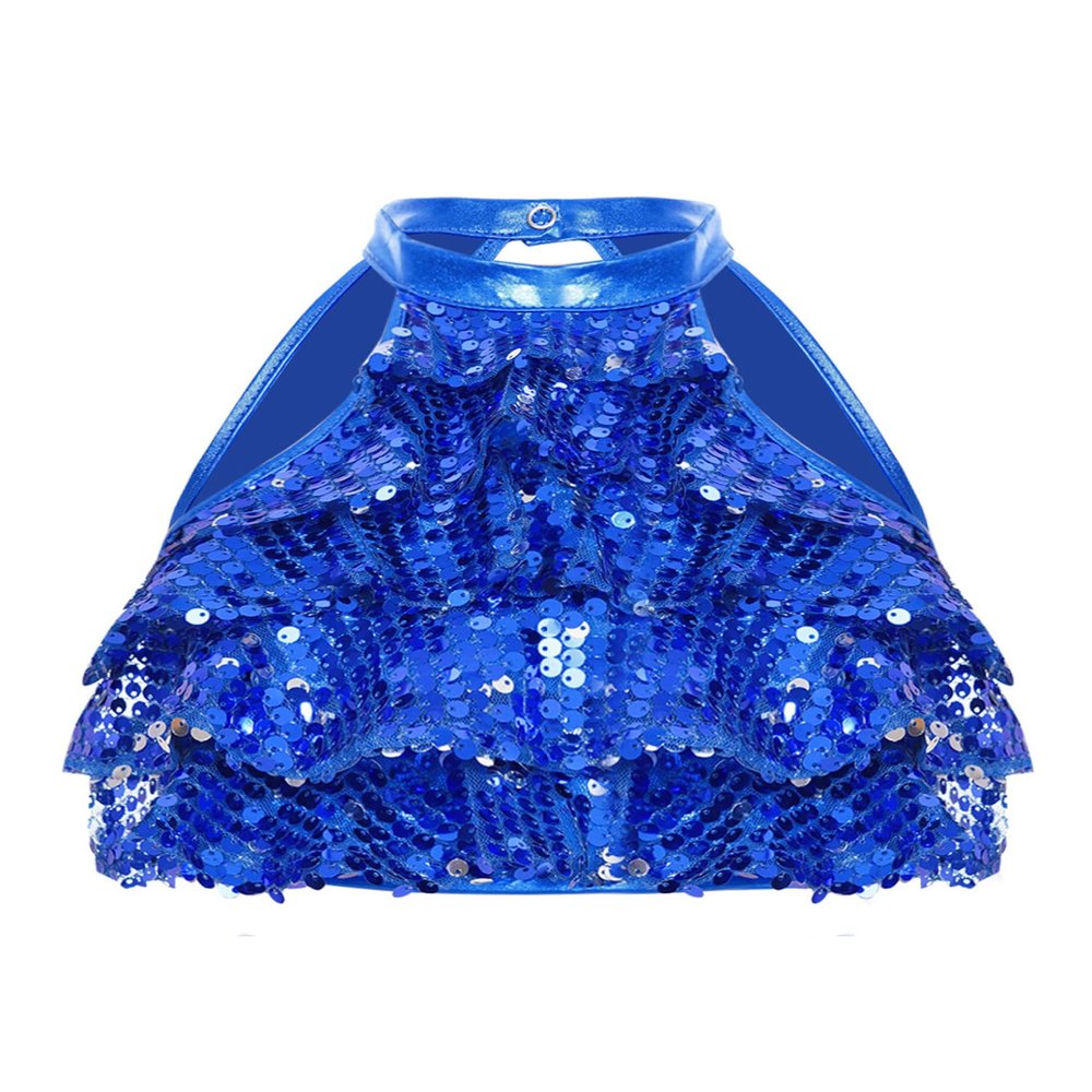 Jowowha Girls Sparkle Sequin Cropped Top Halter Dance Tops for Kids Stage Performance Hip Hop Street Dancing Royal Blue 4 Years