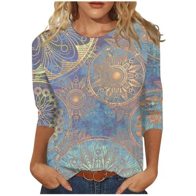3/4 Length Sleeve Womens Tops 2025 Floral Print Vintage Fashion Casual Loose with Round Neck Plus Size Shirts Light Blue X-Large