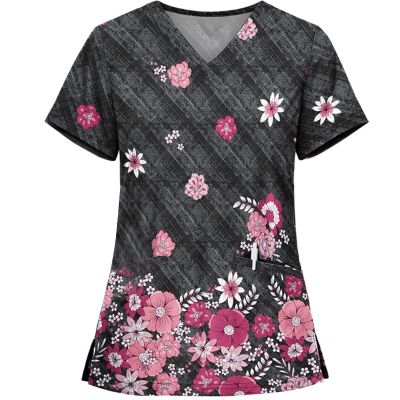 Scrubs for Women Set Print Nurse Uniforms for Women Short Sleeve V-Neck Shirts Tee Tops with Pockets