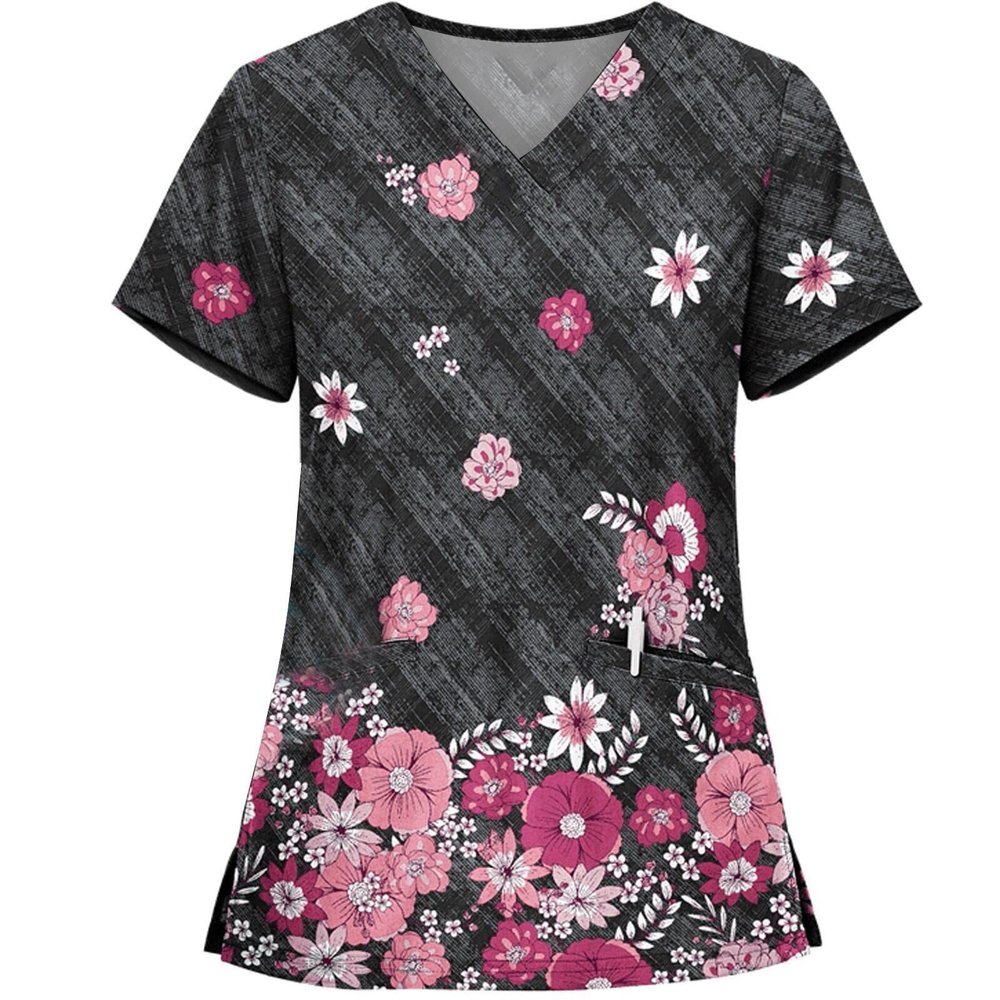 Scrubs for Women Set Print Nurse Uniforms for Women Short Sleeve V-Neck Shirts Tee Tops with Pockets