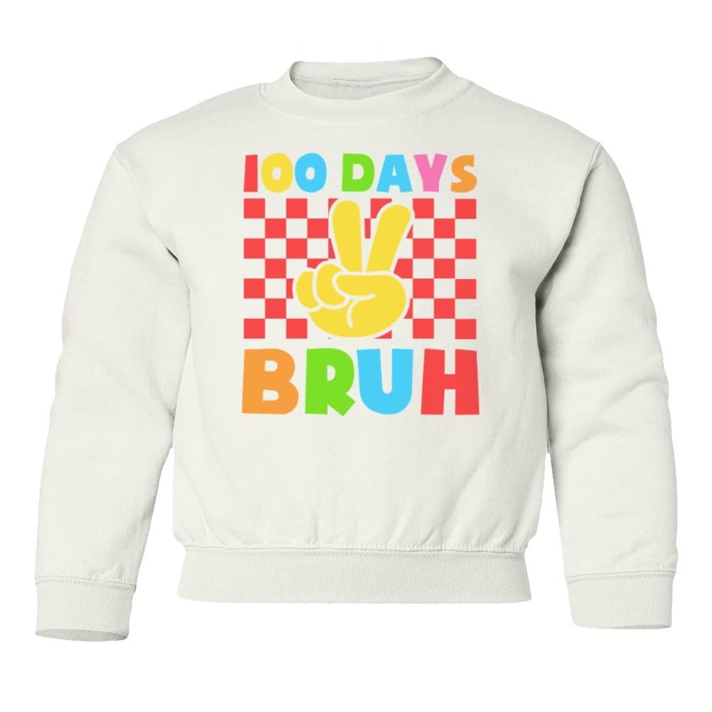 superhotapparel 100 Days Of School Bruh Teacher Student Funny Gift Youth Crewneck Sweatshirt (White, Youth X-Large)
