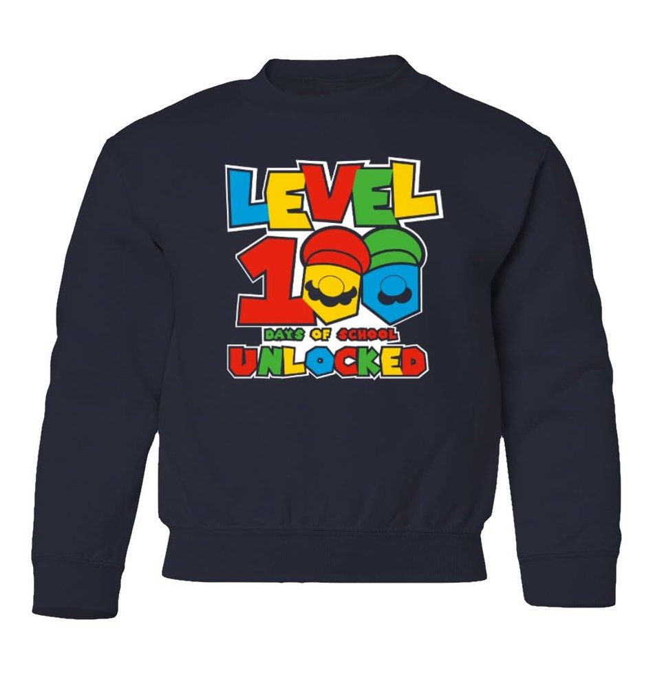 superhotapparel Level 100 Days Of School Unlocked Teacher Student Youth Crewneck Sweatshirt (Navy, Youth Small)