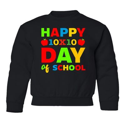 superhotapparel Happy 10X10 100 Day Of School Teacher Student Gift Youth Crewneck Sweatshirt (Black, Youth Medium)
