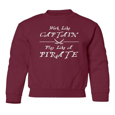 superhotapparel Work Like A Captain Play Like A Pirate Funny Logo Youth Crewneck Sweatshirt (Maroon, Youth Large)