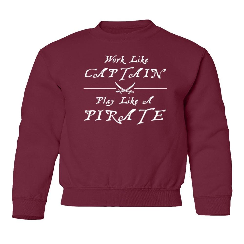 superhotapparel Work Like A Captain Play Like A Pirate Funny Logo Youth Crewneck Sweatshirt (Maroon, Youth Large)