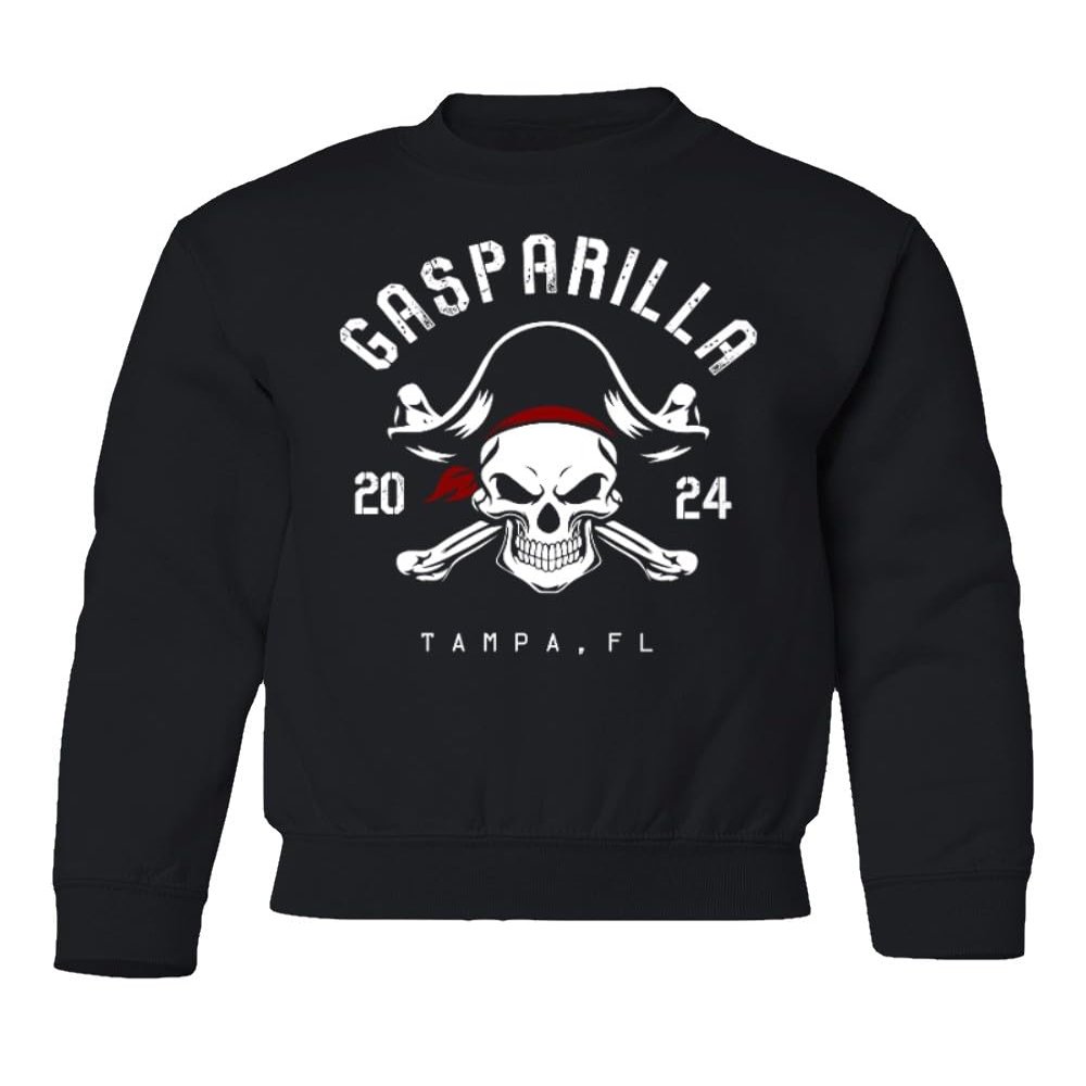 superhotapparel Gasparilla 2024 Tampa Florida Pirate Skull Youth Crewneck Sweatshirt (Black, Youth Medium)