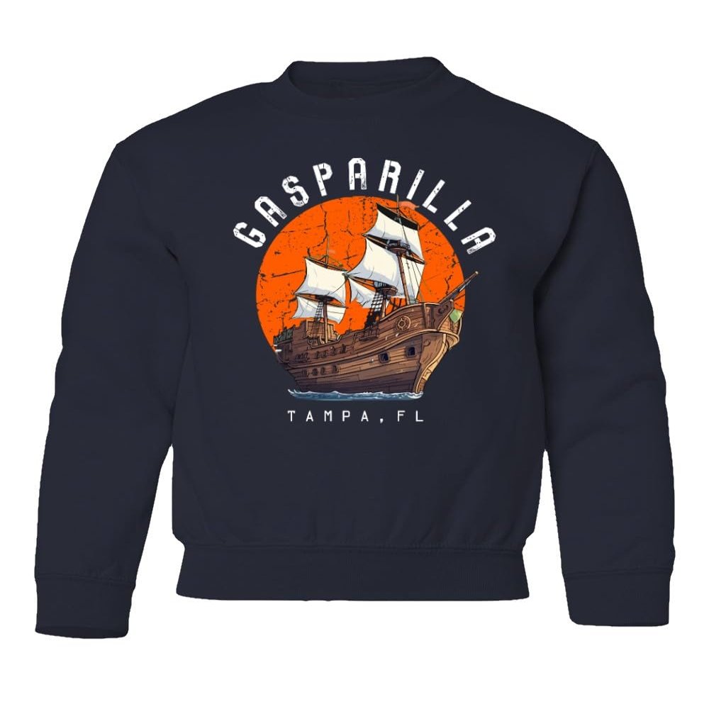 superhotapparel Gasparilla 2024 Tampa Florida Pirate Ship Logo Youth Crewneck Sweatshirt (Navy, Youth X-Large)