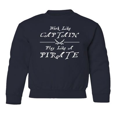 superhotapparel Work Like A Captain Play Like A Pirate Funny Logo Youth Crewneck Sweatshirt (Navy, Youth Large)