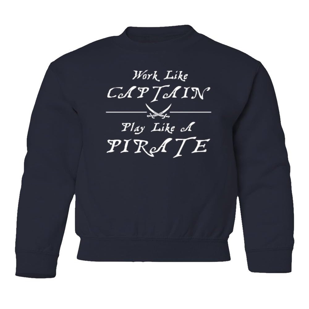 superhotapparel Work Like A Captain Play Like A Pirate Funny Logo Youth Crewneck Sweatshirt (Navy, Youth Large)