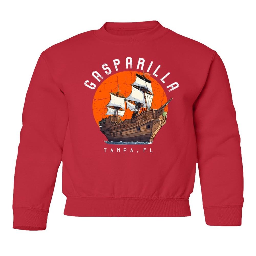 superhotapparel Gasparilla 2024 Tampa Florida Pirate Ship Logo Youth Crewneck Sweatshirt (Red, Youth X-Large)