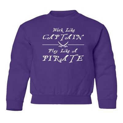 superhotapparel Work Like A Captain Play Like A Pirate Funny Logo Youth Crewneck Sweatshirt (Purple, Youth Large)