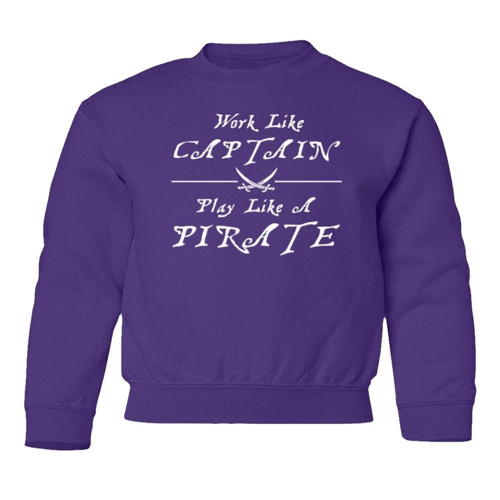superhotapparel Work Like A Captain Play Like A Pirate Funny Logo Youth Crewneck Sweatshirt (Purple, Youth Large)
